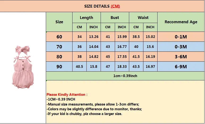 0-9 Months Newborn Baby Girl Romper Pink Ribbed Sling Bodysuit+ Headwear Summer Fashion Cute Button Decoration Jumpsuit