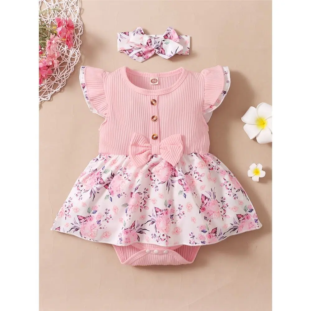 0-18 Months Baby Girl Floral Romper Dress Fly Sleeve Summer Ribbed Jumpsuit with Headband Newborn Baby Girl Lovely 2PCS Outfit