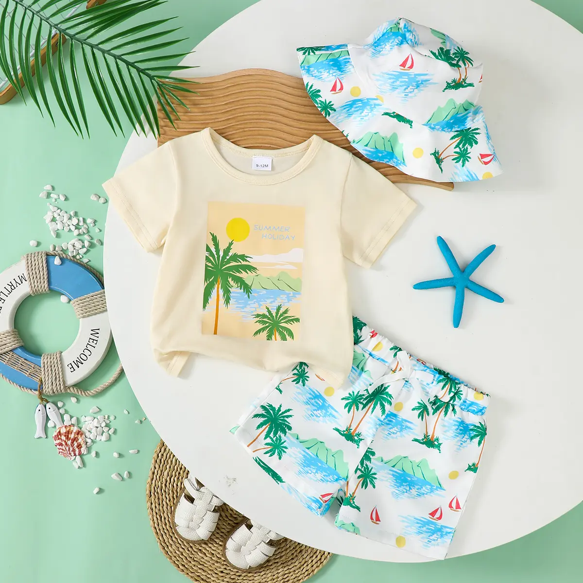 0-3 Year Boys' Summer Vacation Set Coconut Tree Seaside Printed Short Sleeve+Shorts+Hat 3Pcs/Set Seaside Vacation Leisure Set