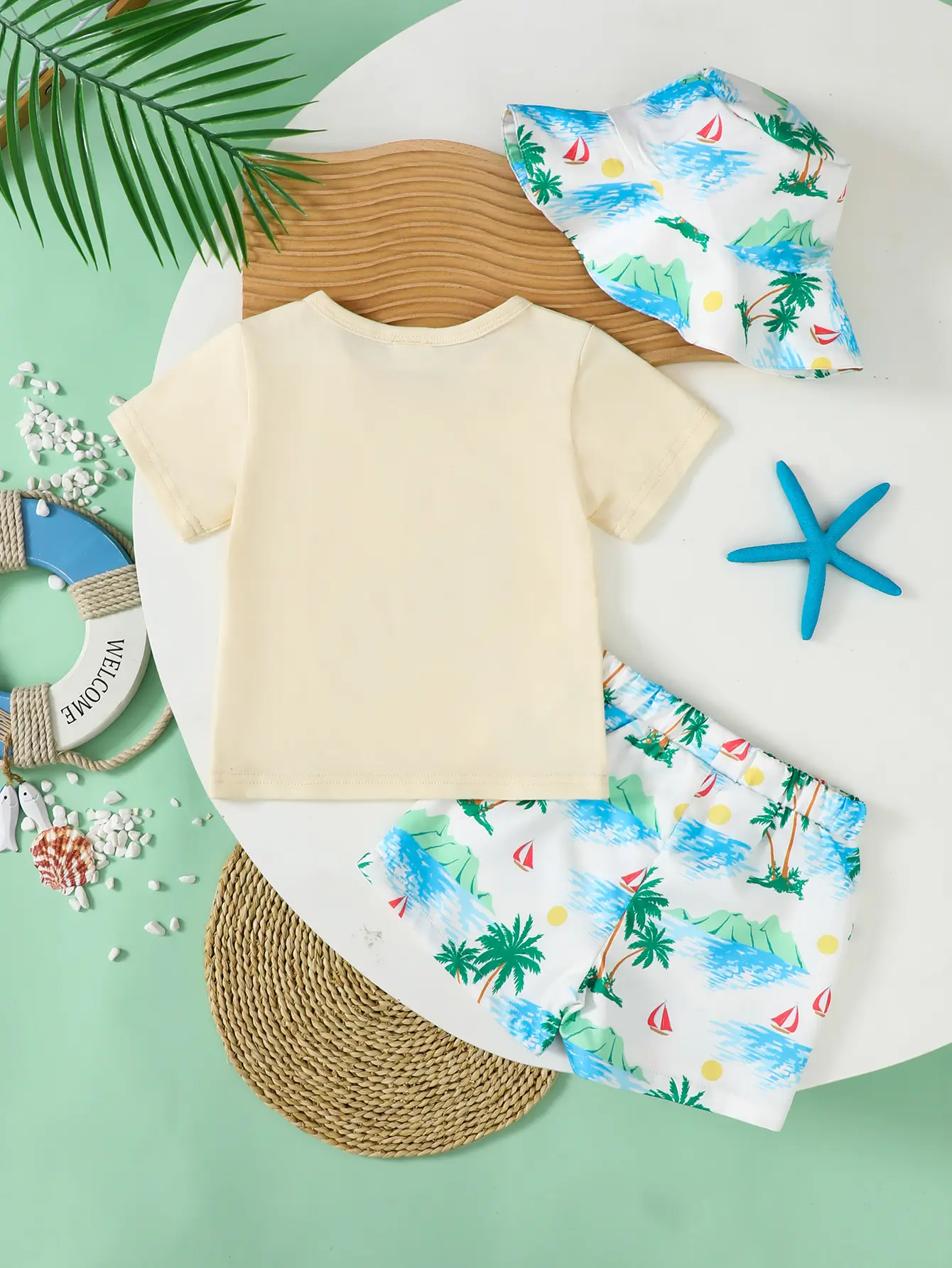0-3 Year Boys' Summer Vacation Set Coconut Tree Seaside Printed Short Sleeve+Shorts+Hat 3Pcs/Set Seaside Vacation Leisure Set