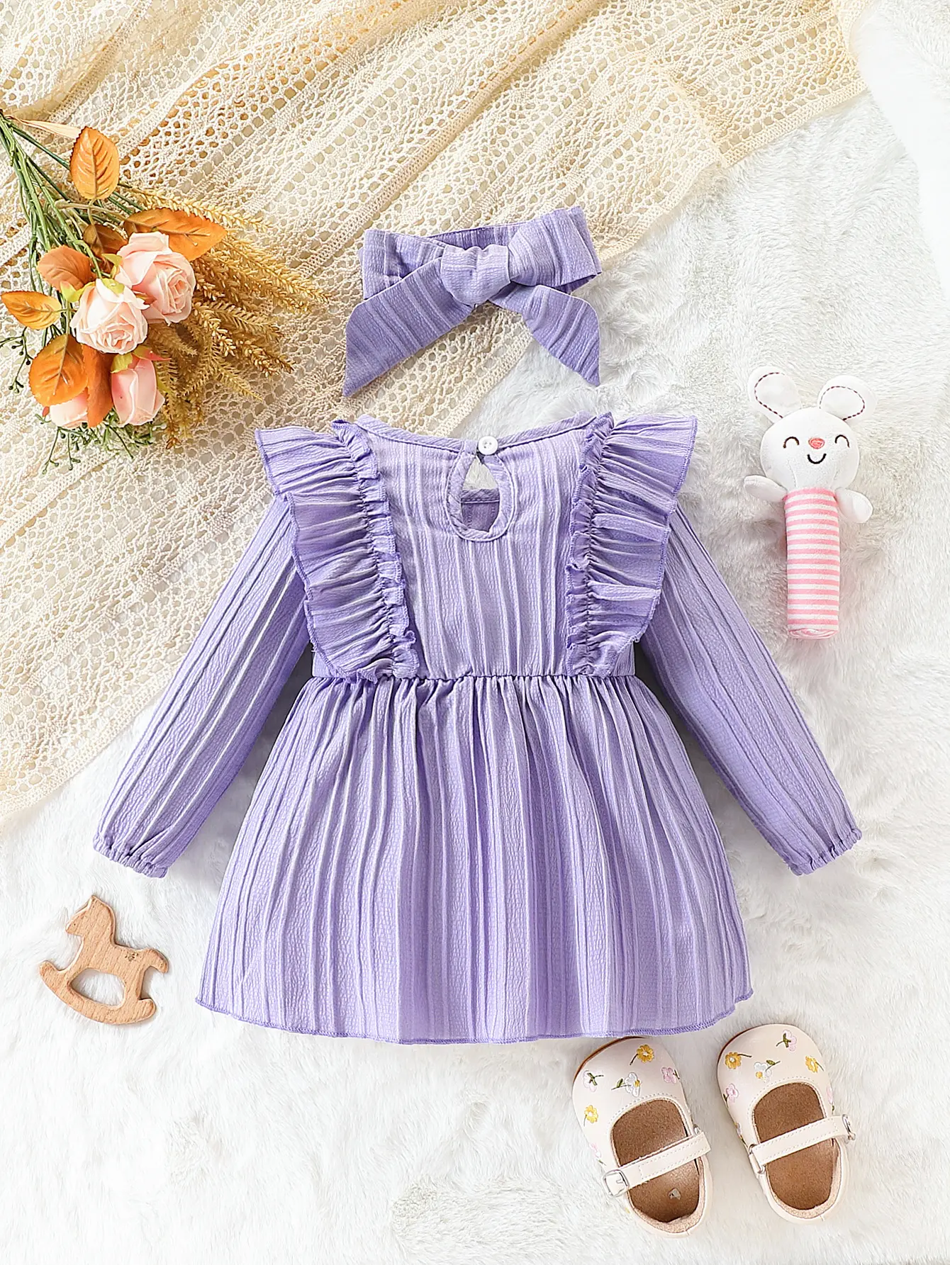 Autumn Baby Girl Long sleeved Dress Purple Ruffled Butterfly Fress+Headband 2Pcs/Set for Cute Female Babies aged 0-24 Months