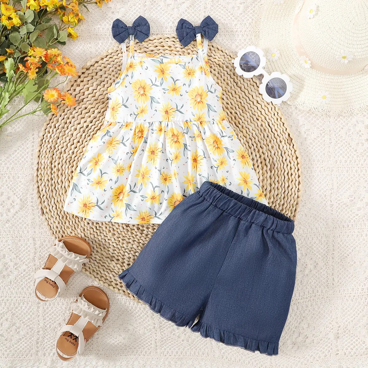 Toddler Baby girl Bow Suspender Print Top Blue Shorts 2pcs/set 0-3 Year old Baby Girl Summer Set Vacation Casual Wear