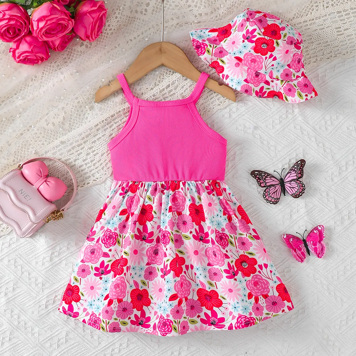 2Pcs Summer Baby Girl Dress Sleeveless Bow Flower Dress+Hat 0-3 Year Old Toddler Baby Girl Beach Vacation Casual Dress