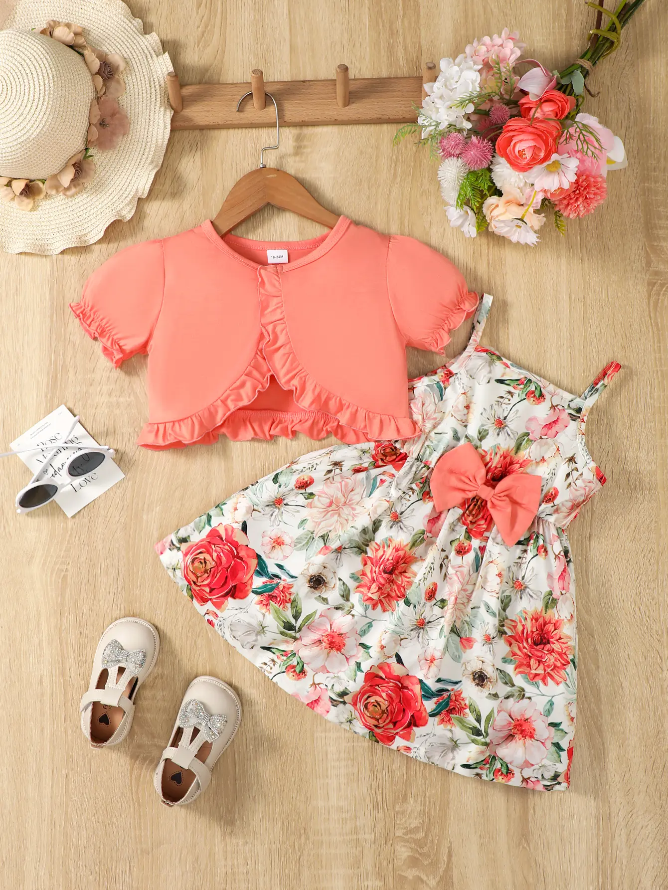2PC Children's New Hanging Strap Flower Bow Skirt Bubble Sleeves Shawl Skirt Suitable for Girls Aged 1-6 Summer Fashion Dress