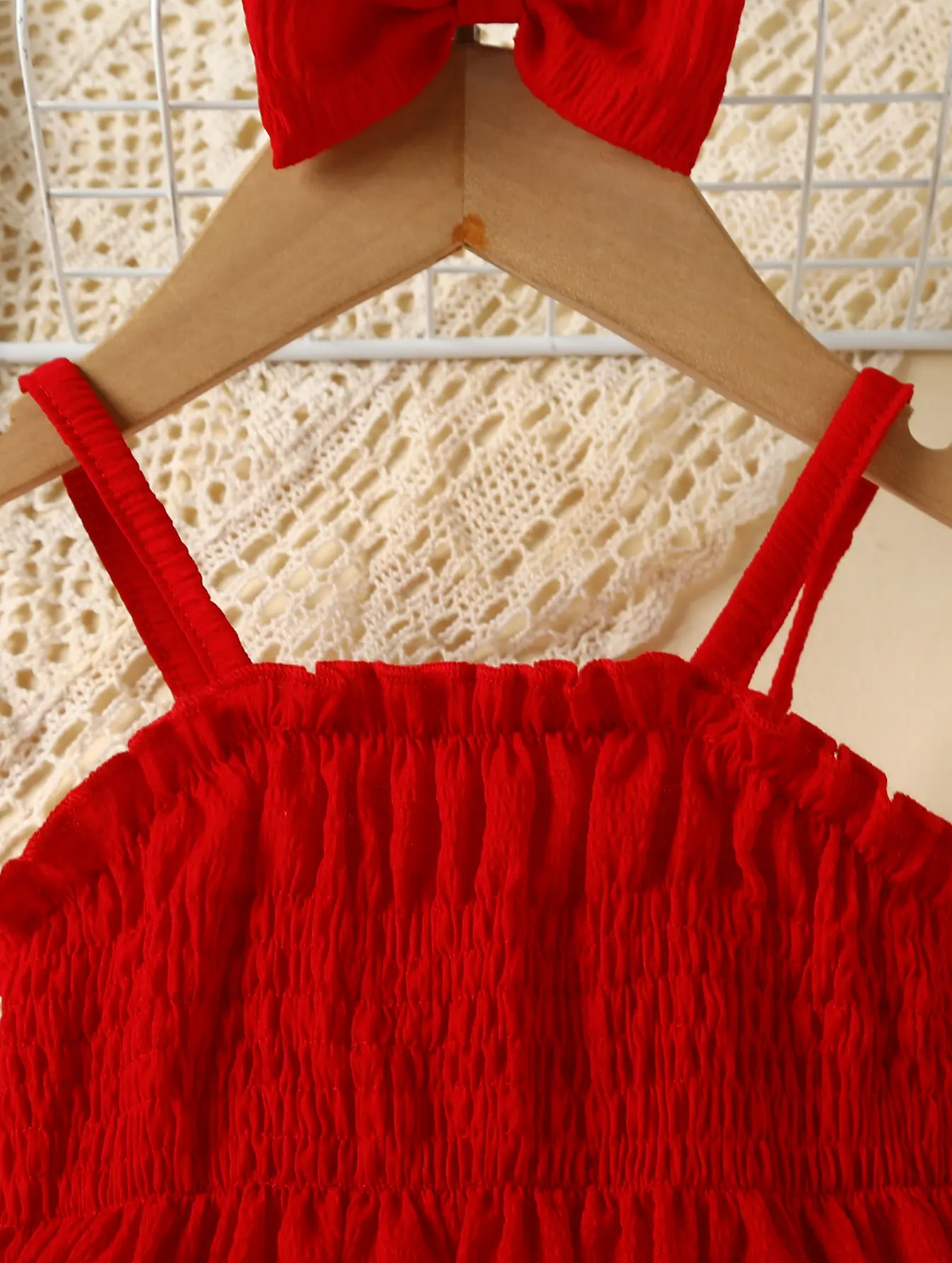 2Pcs Baby girl Summer Suspenders Dress Red Ruffled and Bow suitable for 0-3 Year old Baby Girl Vacation Casual Style Dress