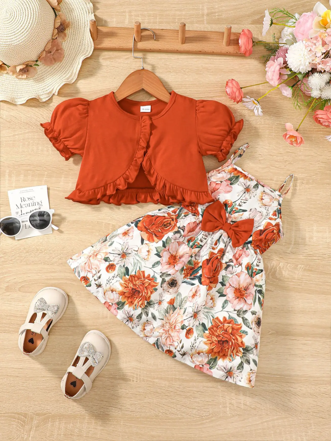 2PC Children's New Hanging Strap Flower Bow Skirt Bubble Sleeves Shawl Skirt Suitable for Girls Aged 1-6 Summer Fashion Dress