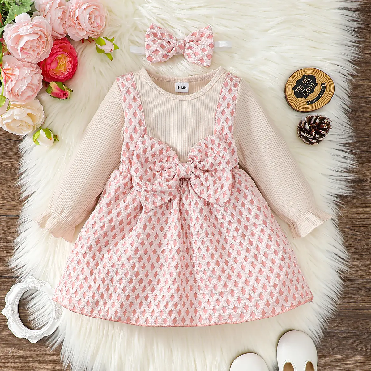 2Pcs Toddler Baby Girl Dress Bow Spring Autumn Princess Dress+Headband 0-3 Year old Cute Little girl Festival Party Dress