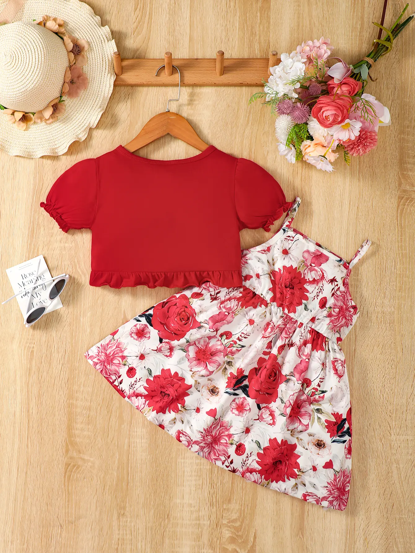 2PC Children's New Hanging Strap Flower Bow Skirt Bubble Sleeves Shawl Skirt Suitable for Girls Aged 1-6 Summer Fashion Dress