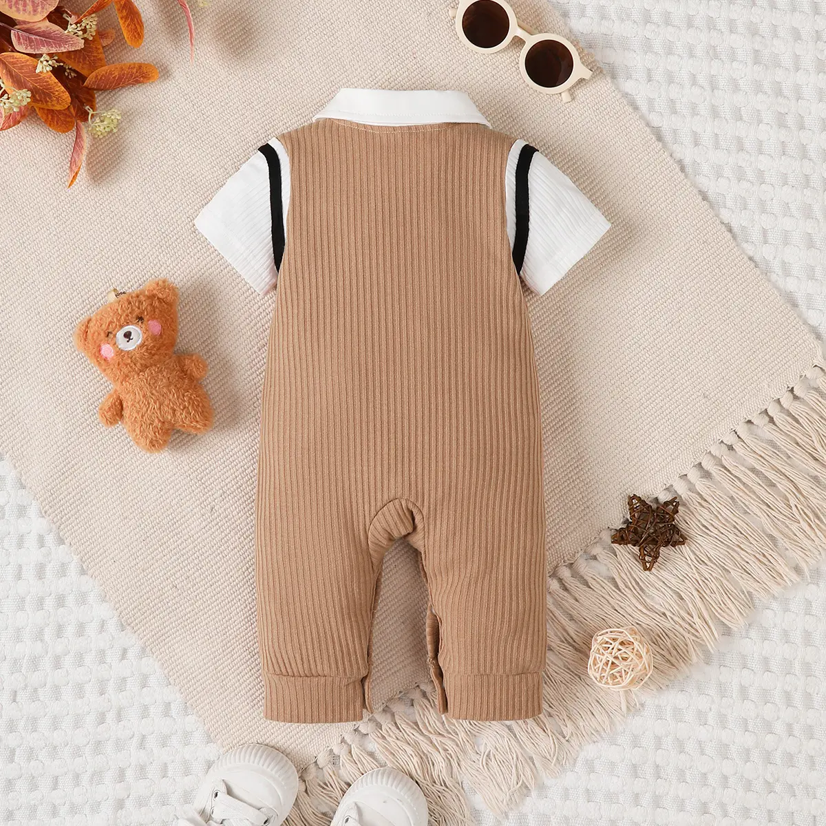 0-18 Months Baby boy Jumpsuit Collar Cartoon Teddy Bear Short Brown Jumpsuit for Birthday Party Little Gentleman Jumpsuit