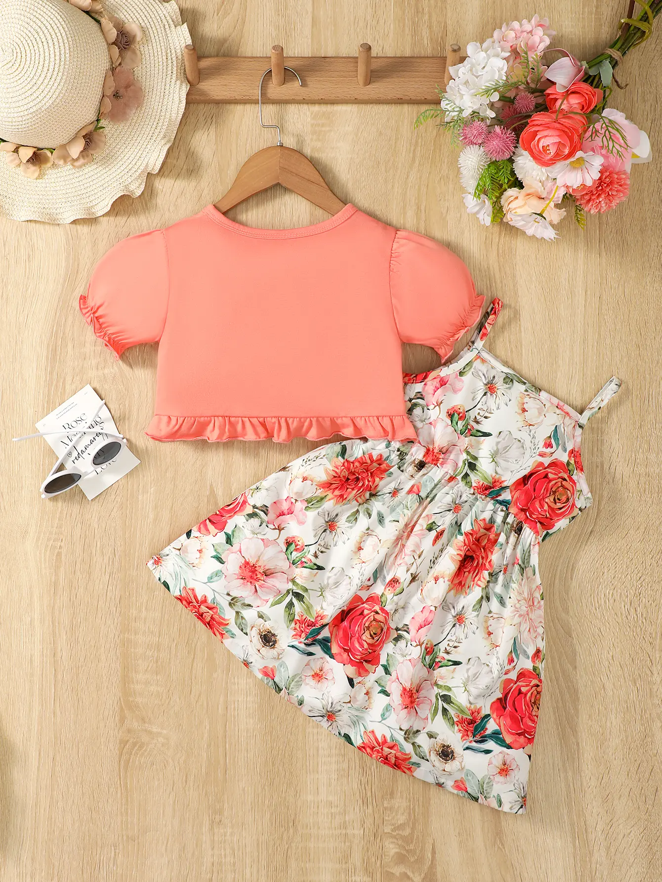 2PC Children's New Hanging Strap Flower Bow Skirt Bubble Sleeves Shawl Skirt Suitable for Girls Aged 1-6 Summer Fashion Dress