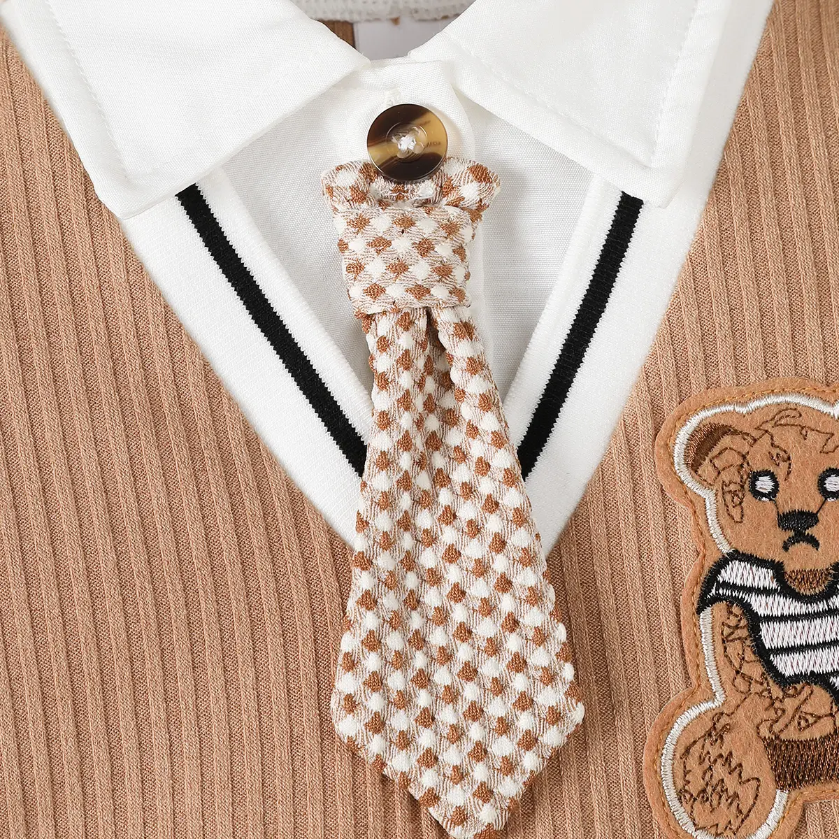 0-18 Months Baby boy Jumpsuit Collar Cartoon Teddy Bear Short Brown Jumpsuit for Birthday Party Little Gentleman Jumpsuit