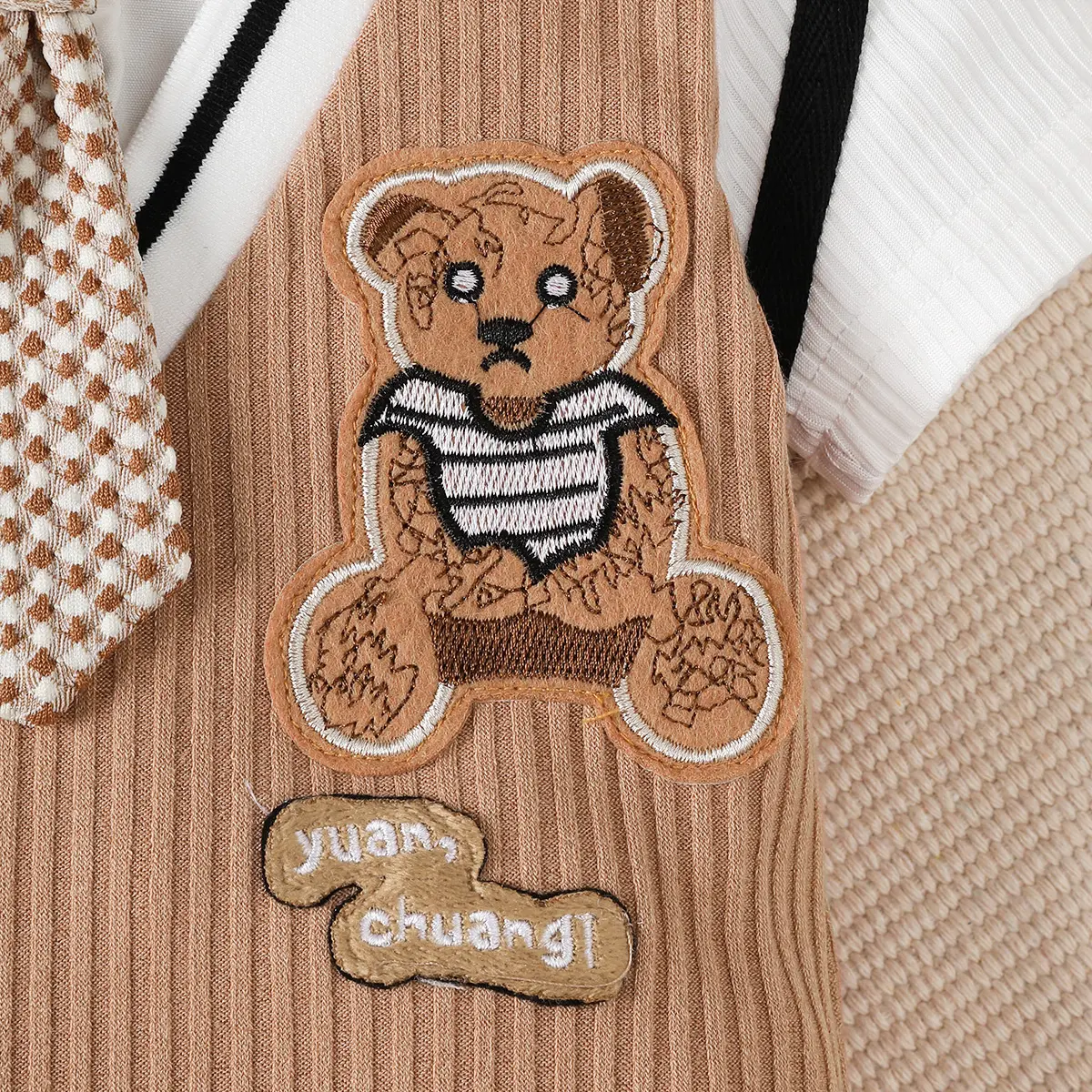 0-18 Months Baby boy Jumpsuit Collar Cartoon Teddy Bear Short Brown Jumpsuit for Birthday Party Little Gentleman Jumpsuit