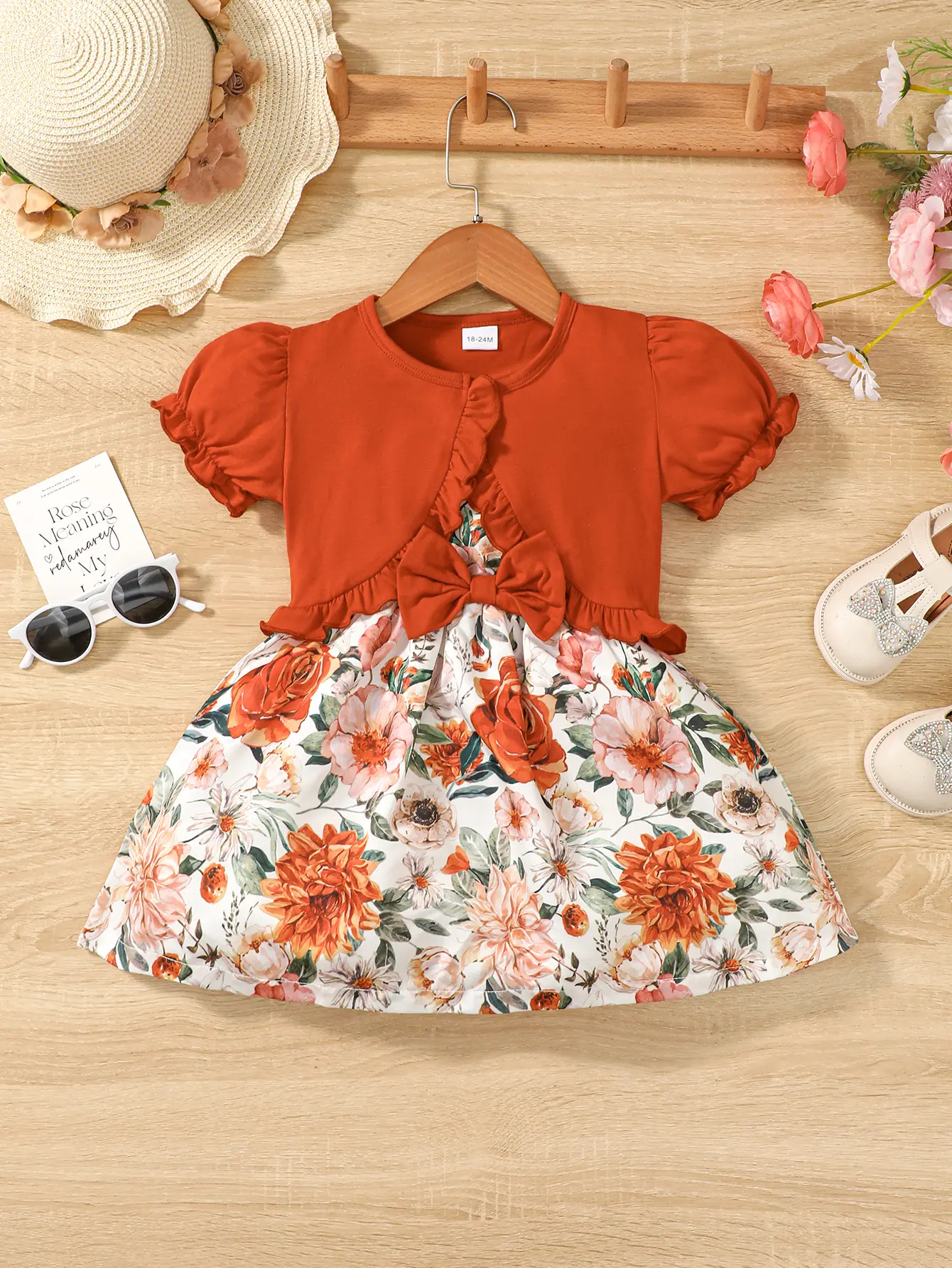 2PC Children's New Hanging Strap Flower Bow Skirt Bubble Sleeves Shawl Skirt Suitable for Girls Aged 1-6 Summer Fashion Dress