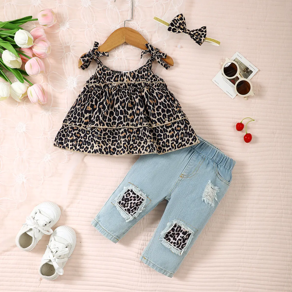 3Pcs Toddler Girl Set Leopard Bow Top+Blue jeans+Headband 0-3 year old girl summer fashion European and American style clothing