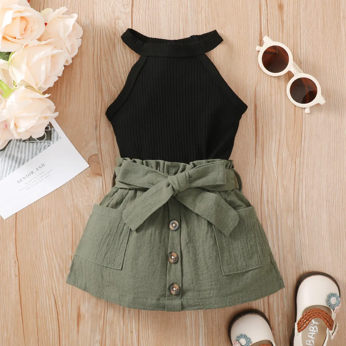2PC Girls' Sleeveless Off the Shoulder Top Lace Up Bow ButtoShort Skirt Summer Party Fashion Set Suitable for Girls Aged 0-2 Yea