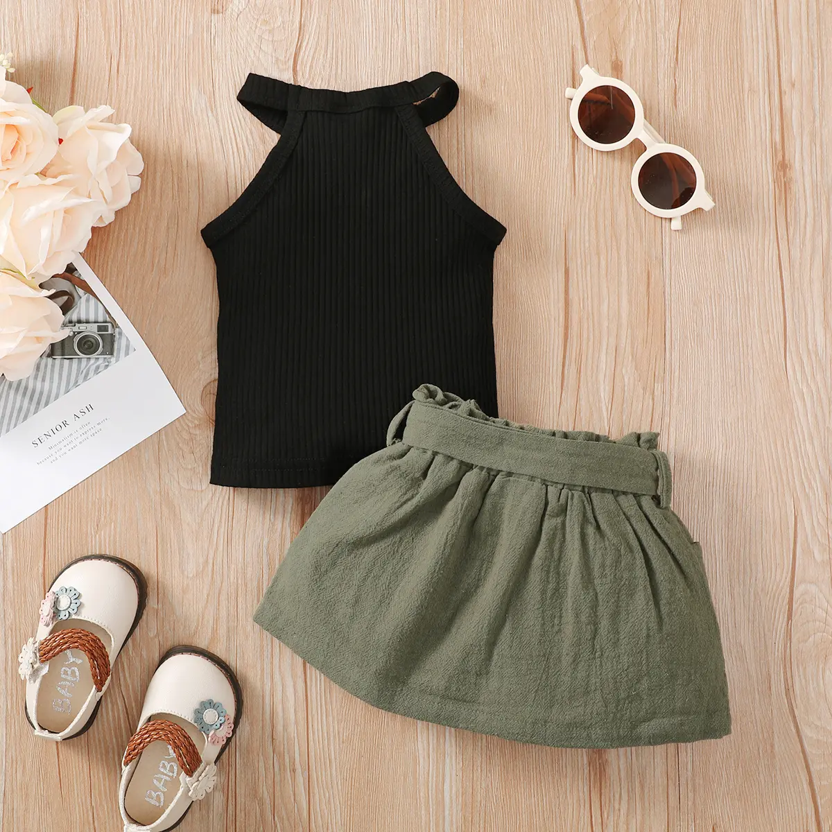 2PC Girls' Sleeveless Off the Shoulder Top Lace Up Bow ButtoShort Skirt Summer Party Fashion Set Suitable for Girls Aged 0-2 Yea