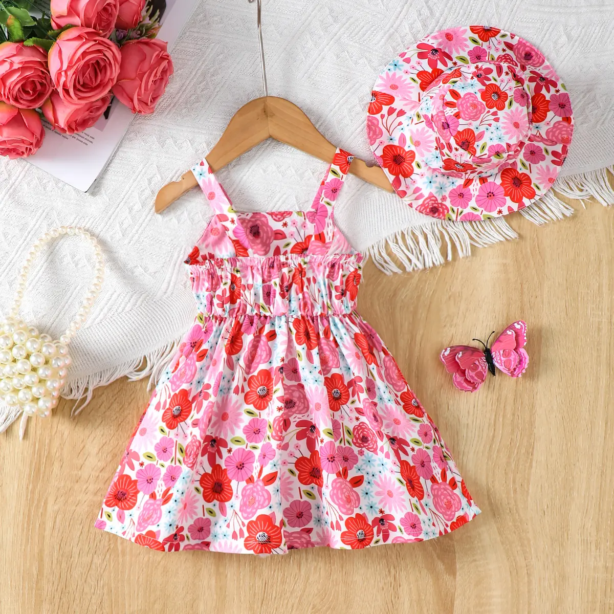 Baby Girl Summer Dress Strap Beautiful Printed Strap Dress+Hat Two Piece Set for 0-3 Year Old Baby Girl Beach Vacation Dress