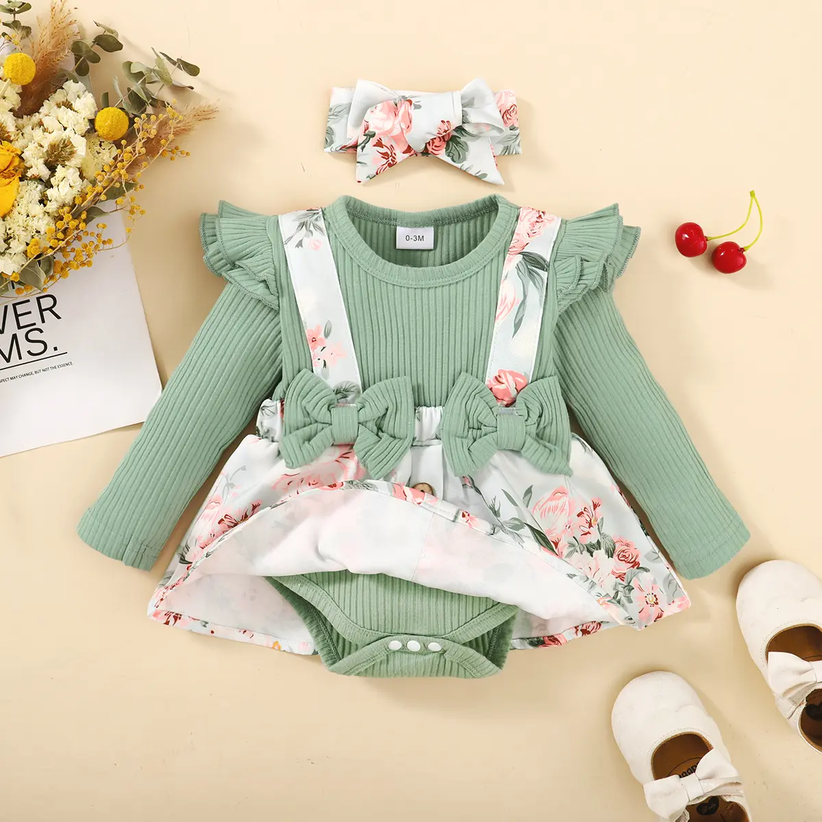 0-18 Months Newborn Baby Girl Clothes Baby Flower Romper Dress Long Sleeves Bodysuit+Headband Infant Girl 2PCS Cute Costume