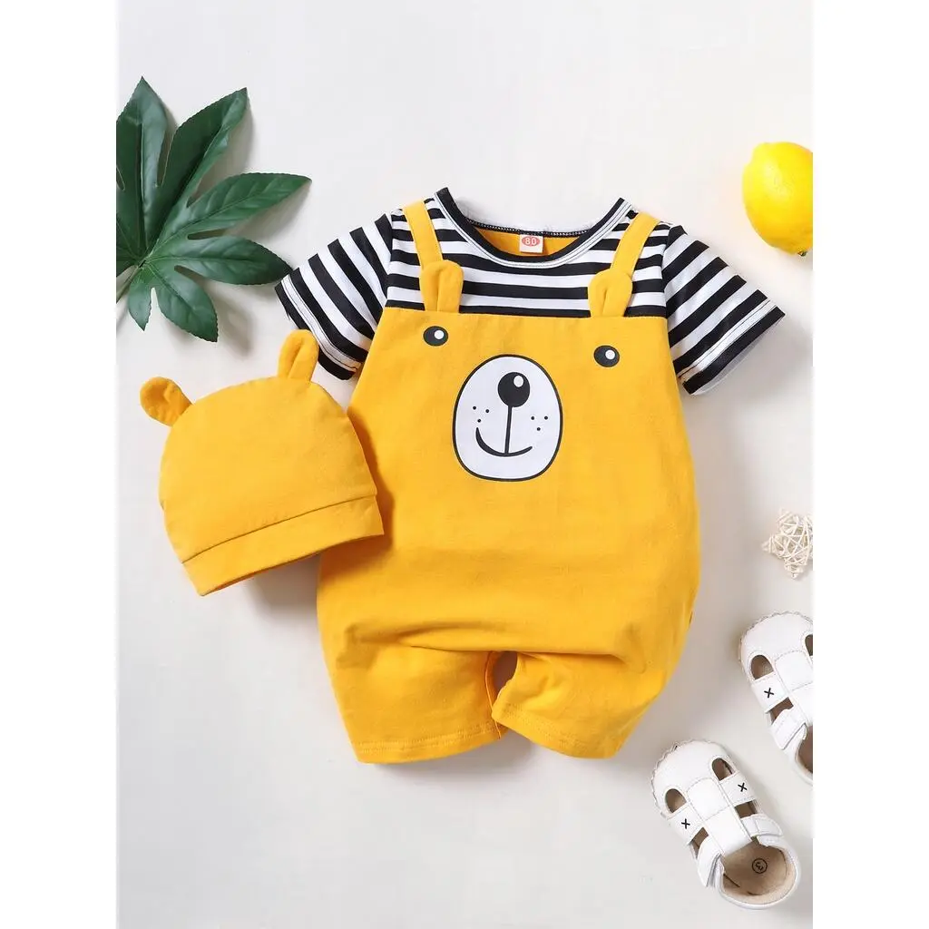 Newborn Cute Baby Striped Shoulder Strap Teddy Bear Jumpsuit+Hat Suitable for Summer Jumpsuit for Boys And Girls Aged 0-2 Years