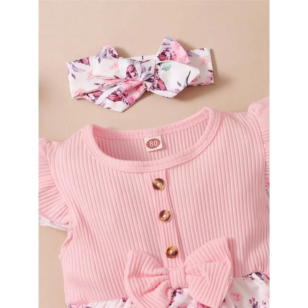 0-18 Months Baby Girl Floral Romper Dress Fly Sleeve Summer Ribbed Jumpsuit with Headband Newborn Baby Girl Lovely 2PCS Outfit