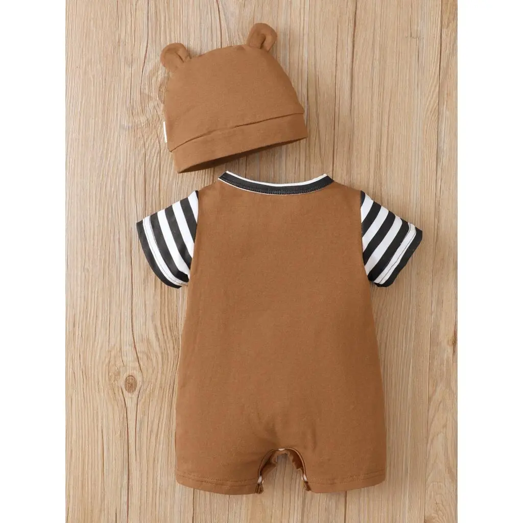 Newborn Cute Baby Striped Shoulder Strap Teddy Bear Jumpsuit+Hat Suitable for Summer Jumpsuit for Boys And Girls Aged 0-2 Years
