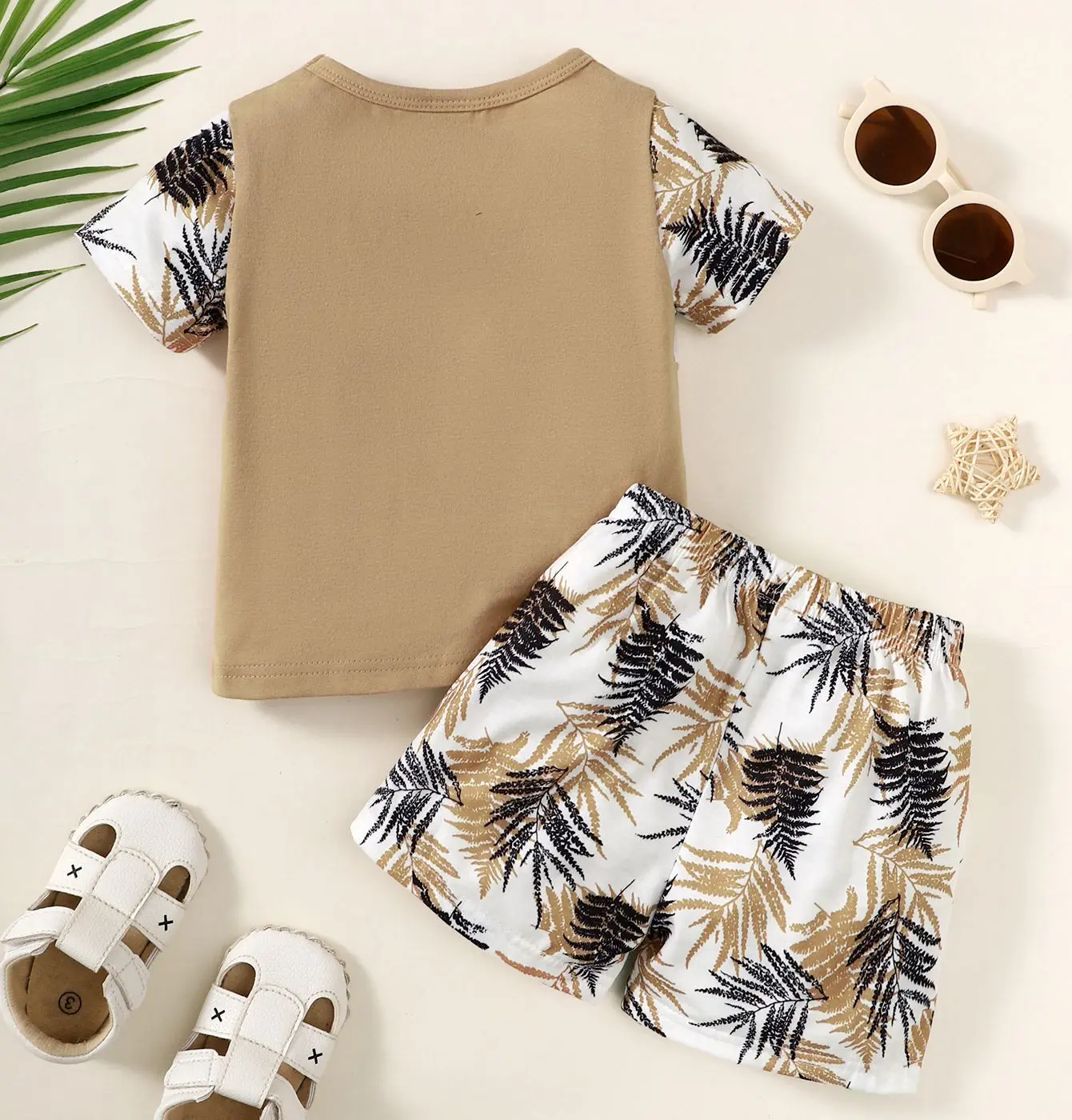 2Pcs Summer Baby Boy Set Color blocked Maple Leaf Printed Top and Pants Set Suitable for 0-3 Year Toddler Boy Casual Style Set