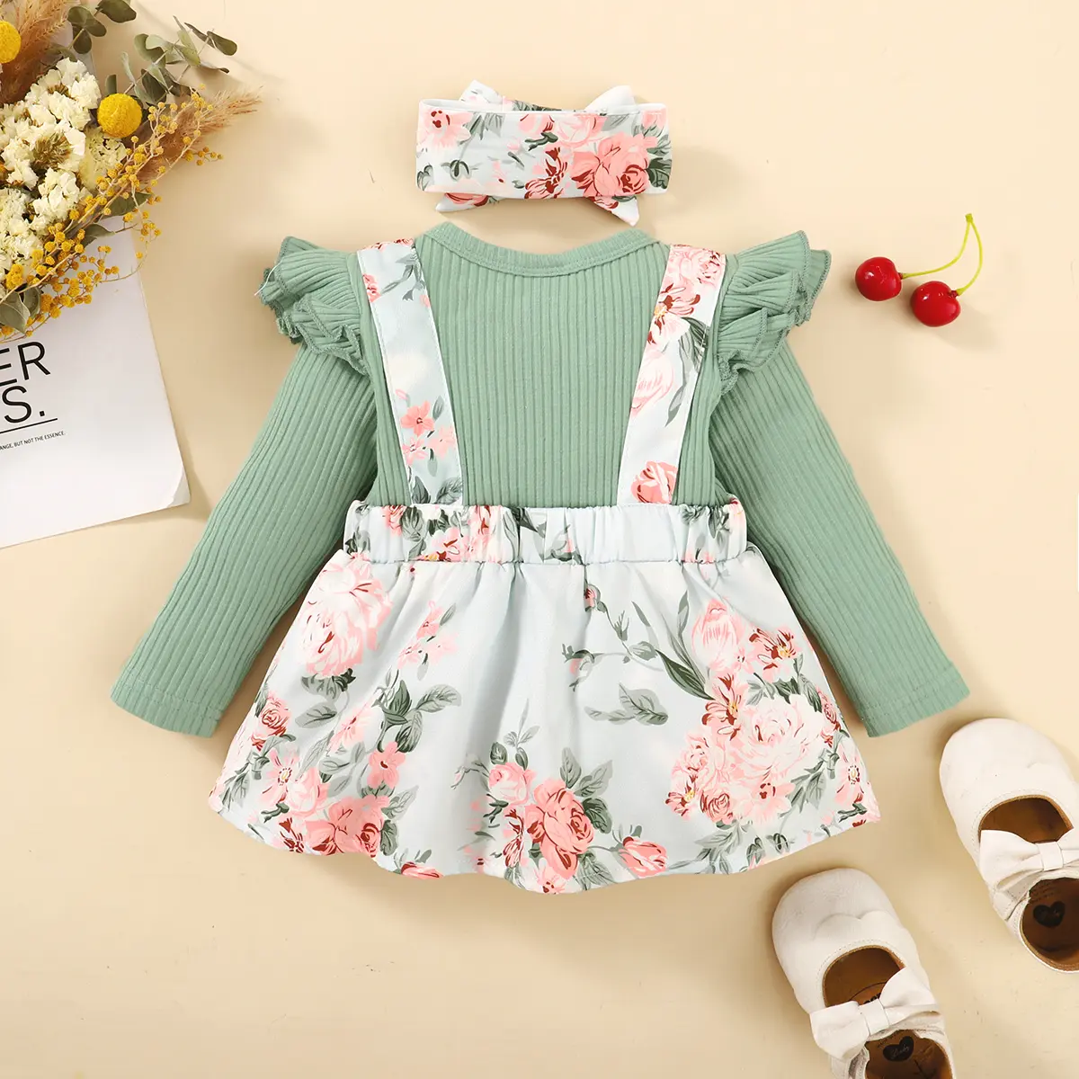 0-18 Months Newborn Baby Girl Clothes Baby Flower Romper Dress Long Sleeves Bodysuit+Headband Infant Girl 2PCS Cute Costume