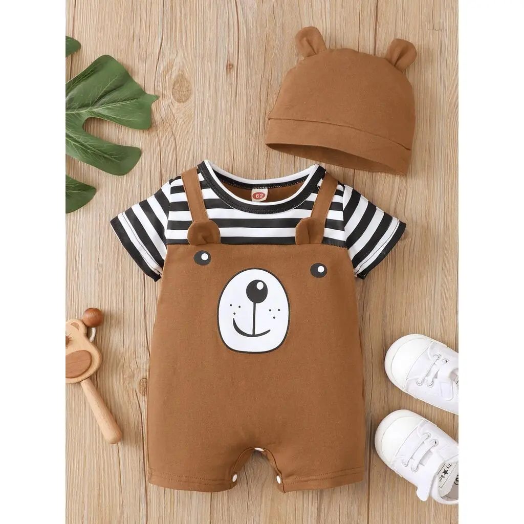 Newborn Cute Baby Striped Shoulder Strap Teddy Bear Jumpsuit+Hat Suitable for Summer Jumpsuit for Boys And Girls Aged 0-2 Years