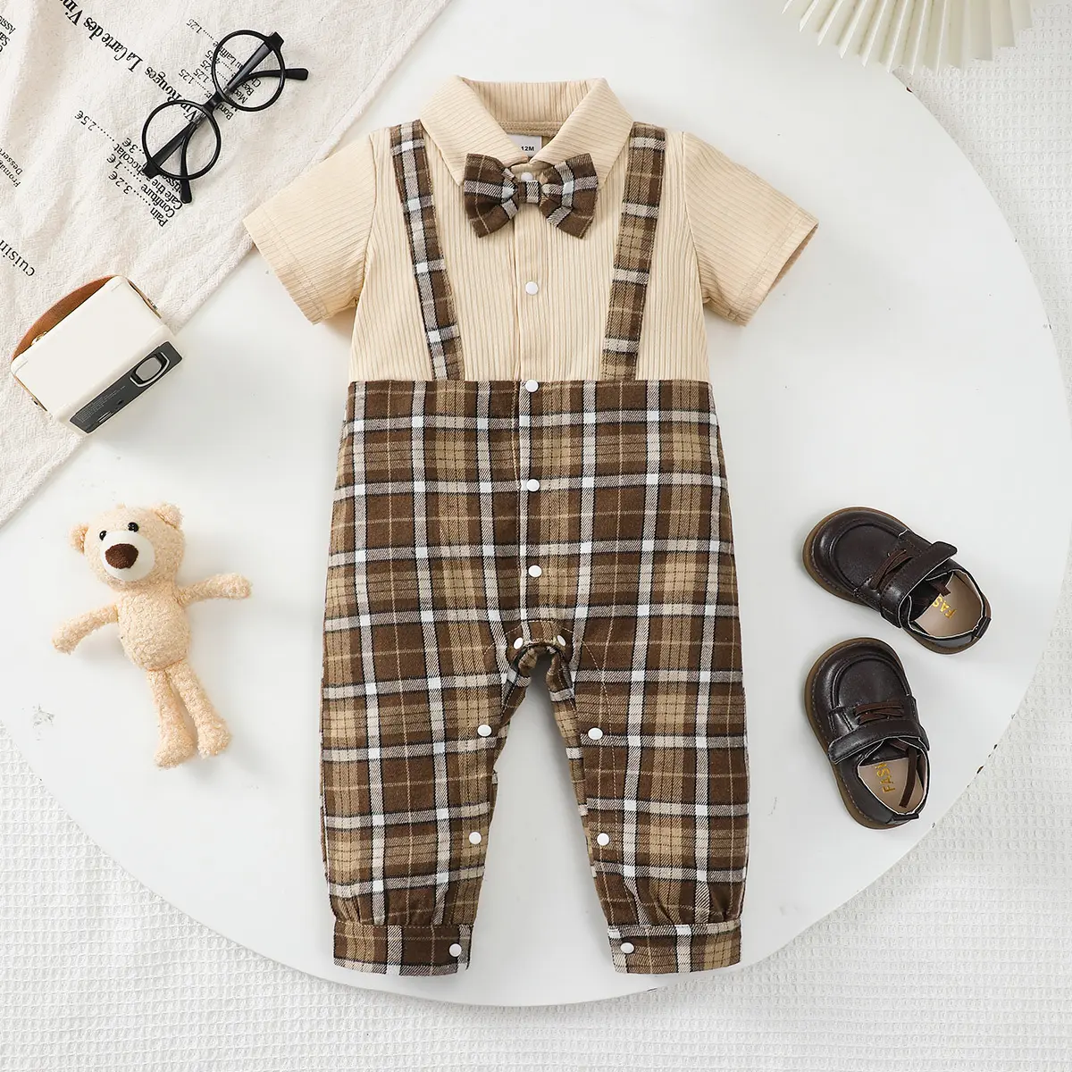 Newborn Baby boy Jumpsuit Small Gentleman Style color Blocked checkered Jumpsuit for 0-18 Month Baby boy Summer Birthday Parties