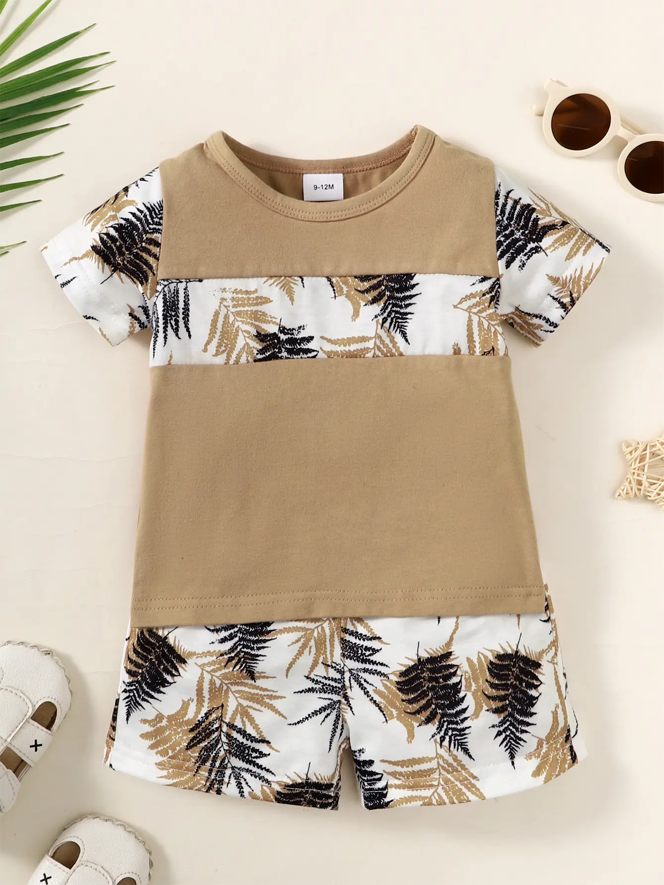 2Pcs Summer Baby Boy Set Color blocked Maple Leaf Printed Top and Pants Set Suitable for 0-3 Year Toddler Boy Casual Style Set