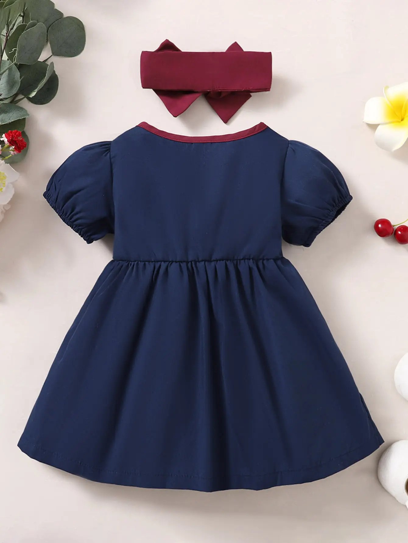 2PC Children's Bubble Sleeve Lace edge Fashion Dress+ Headband Suitable for Cute Baby Girls aged 0-3 Years Summer Dress