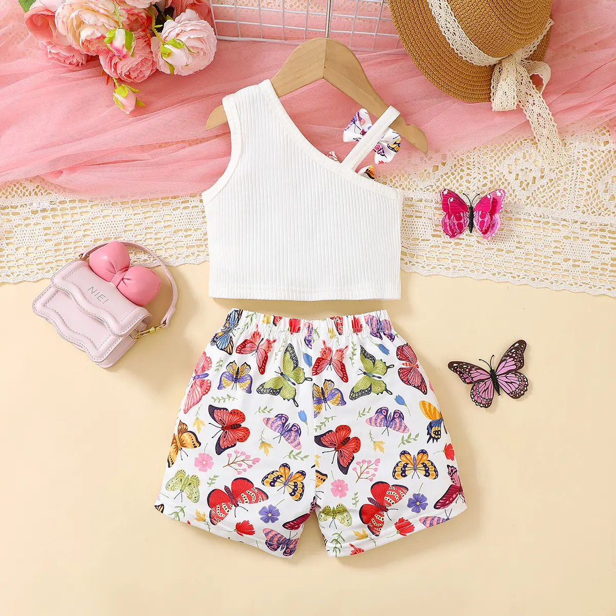 Baby Girl Bow Flower sloping shoulder Top+color Butterfly Print Shorts Fashionable2Pcs/Set for 0-3 Year Baby Girls Summer Set