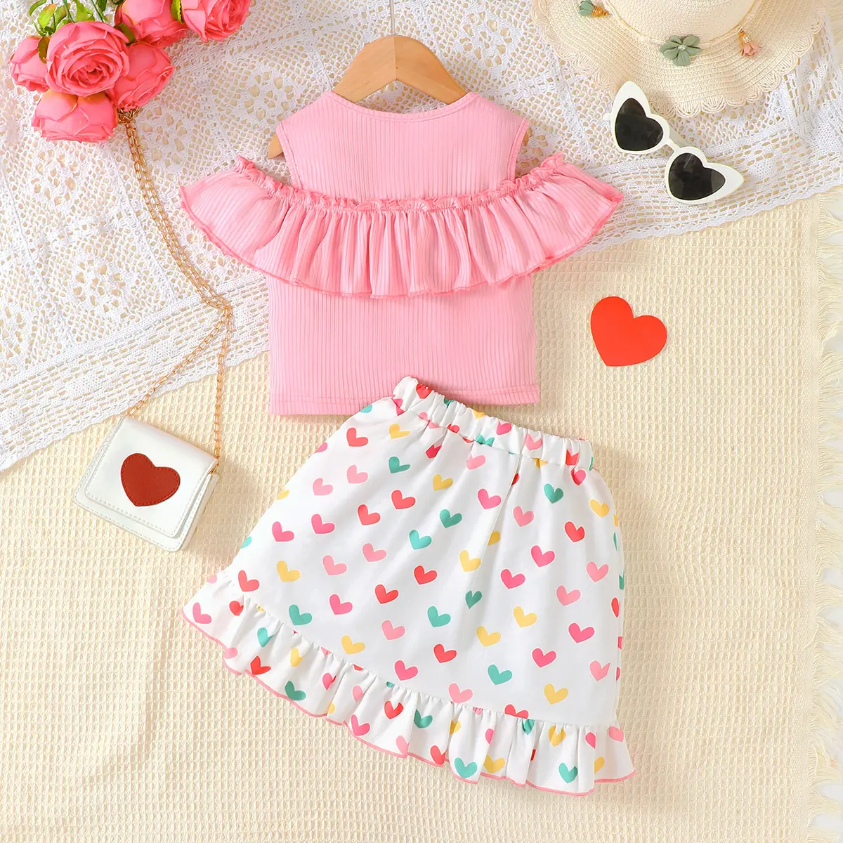 Children's girls'Set Ruffled off Shoulder Top+Irregular Skirt Two-piece set for 4-7 year old girls' Summer Party Fashion Set