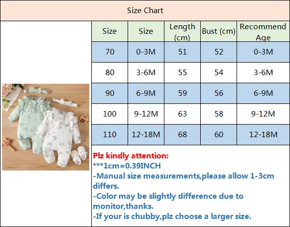 Newborn Baby Girl Spring and Autumn Bodysuit Floral Print Long Sleeve Romper with Headband Onesie Clothes for Infant 0-18 Months