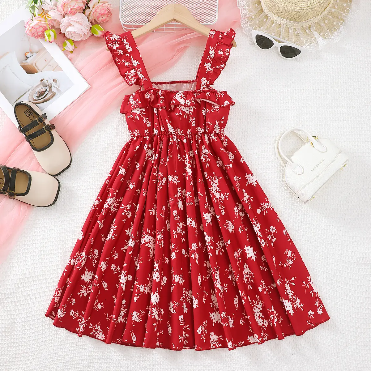 8-12 Year old Girls' Summer Dress with Pleated Printed Suspender Dress, Children's Clothing, Girls' Fashionable Casual Dress