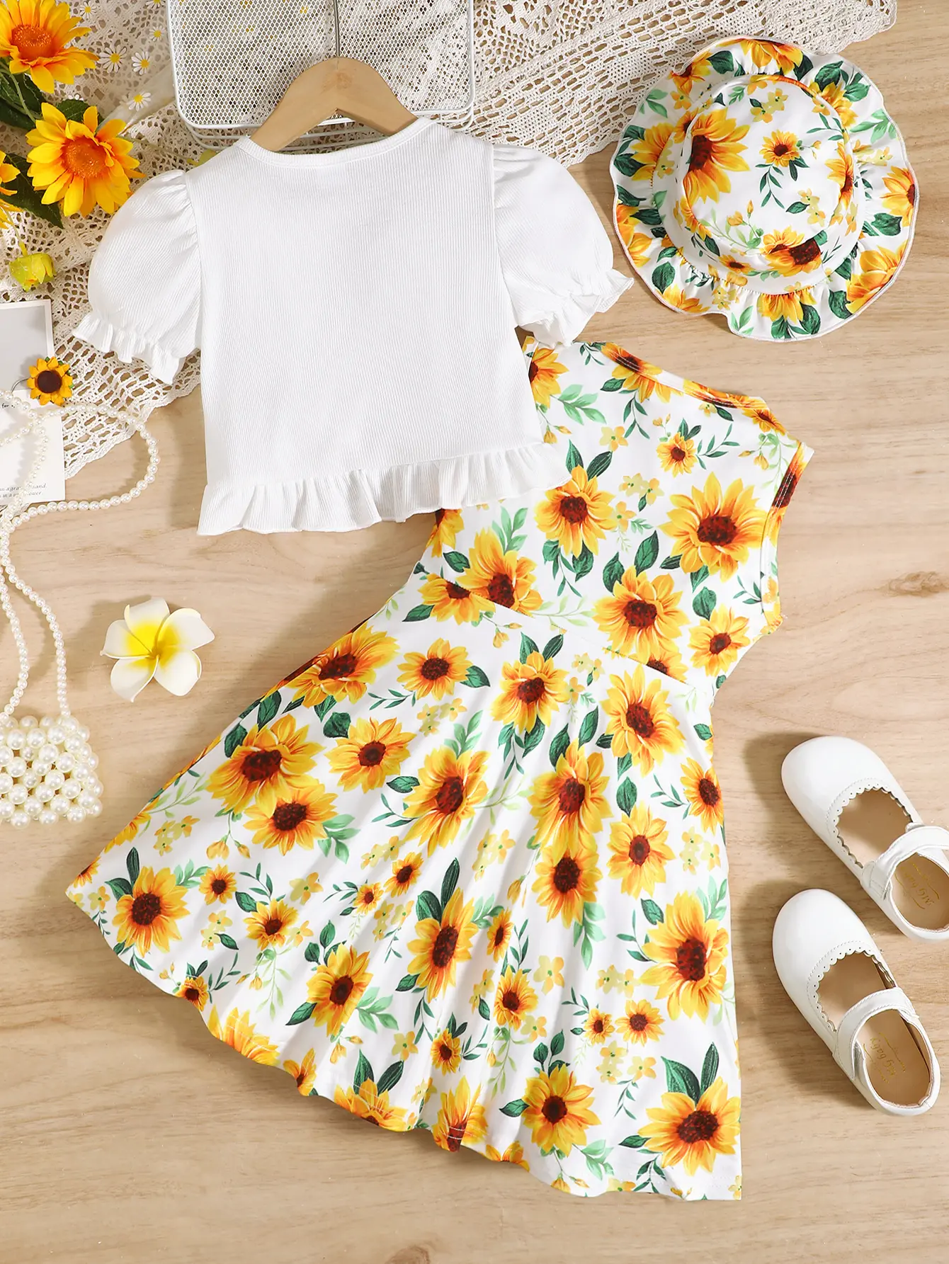 3Pcs Kid Girl Dress Sunflower Sleeveless Dress+Shawl+Hat Girl Summer Vacation Casual Dress Set for girls aged 3-8 Years