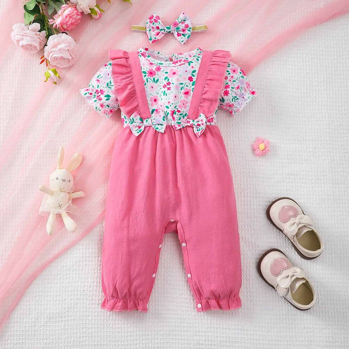 Newborn Baby girl Jumpsuit, Small Floral Volor Blocked Jumpsuit+Bow 0-18 Months, Comfortable Crawling Clothes for Female Babies