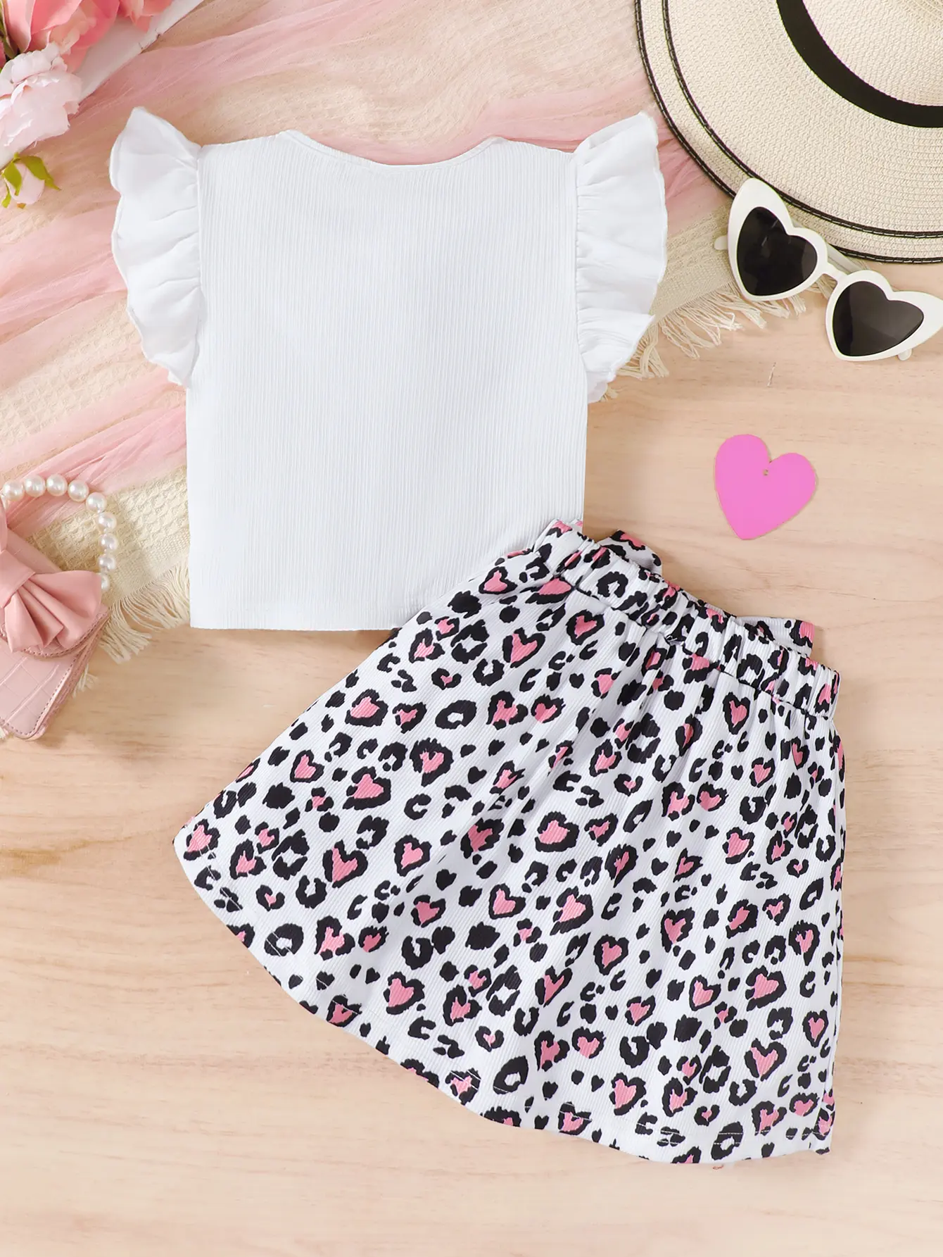 2Pcs Children's clothing Girl Flying sleeve White Top Leopard Print Bow Skirt Set for 4-7 Year old Girls Summer Fashion Set