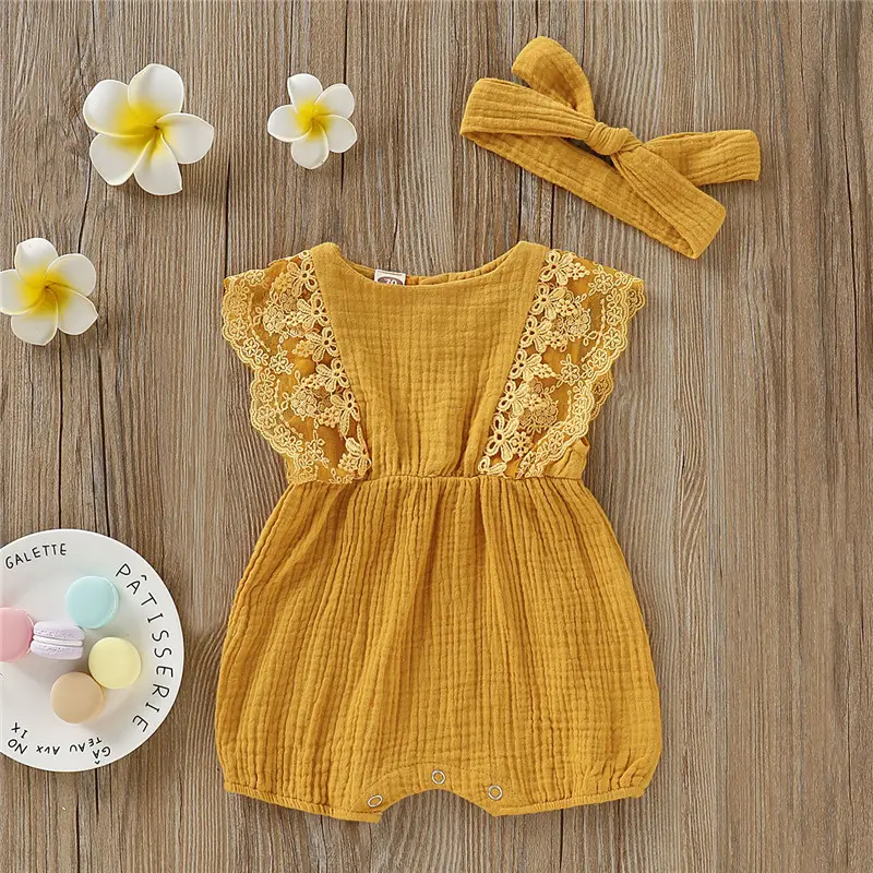 Newborn Baby Girl Solid Round Neck Lace Bodysuit and Headband Suitable for Cute Baby Girls Aged 0-18 Months Summer Bodysuit
