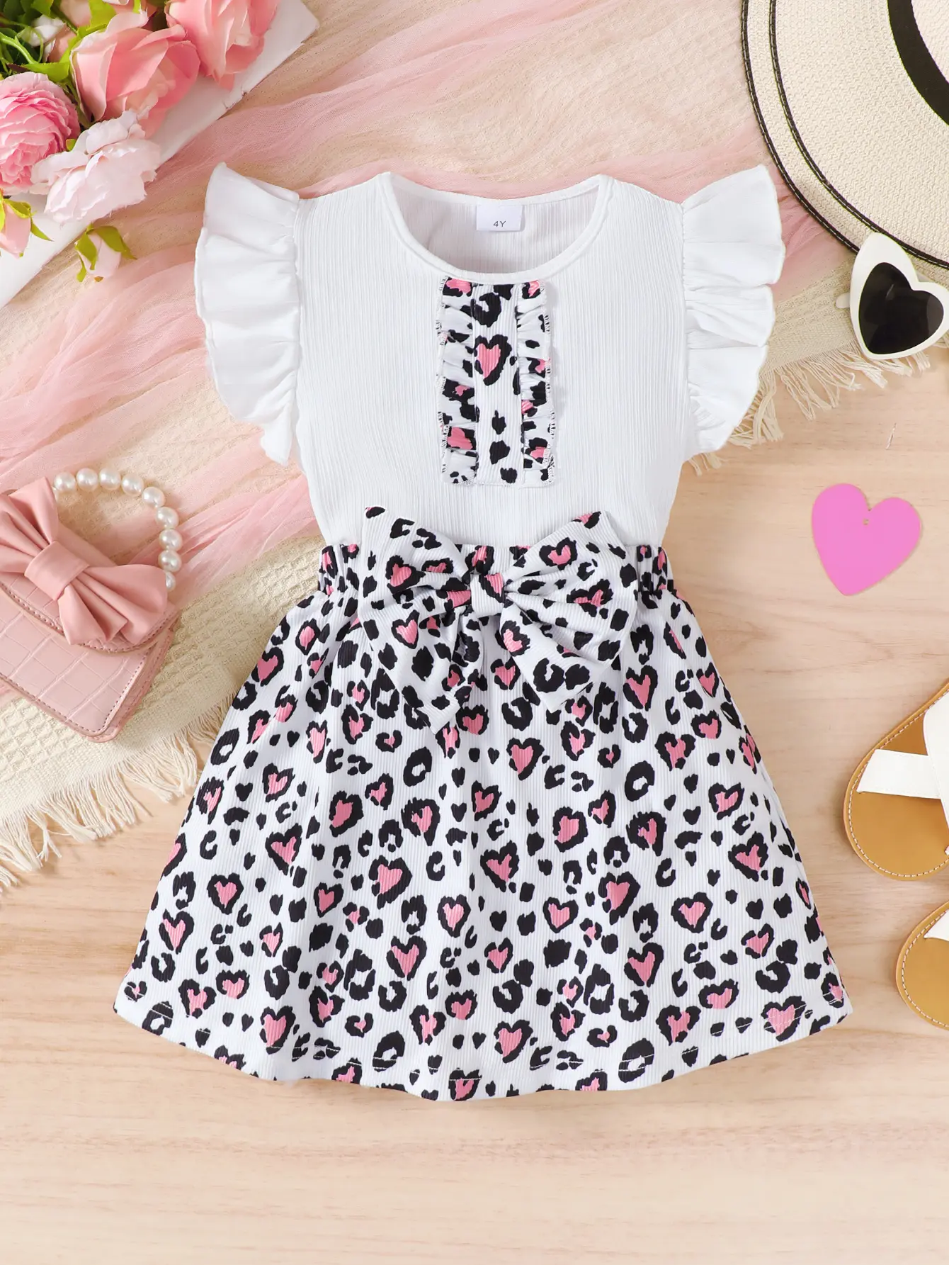 2Pcs Children's clothing Girl Flying sleeve White Top Leopard Print Bow Skirt Set for 4-7 Year old Girls Summer Fashion Set