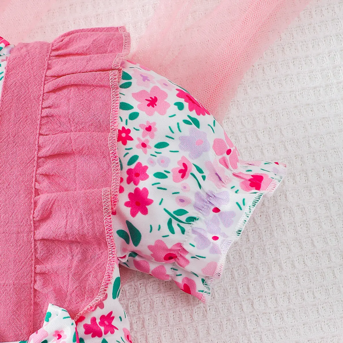Newborn Baby girl Jumpsuit, Small Floral Volor Blocked Jumpsuit+Bow 0-18 Months, Comfortable Crawling Clothes for Female Babies