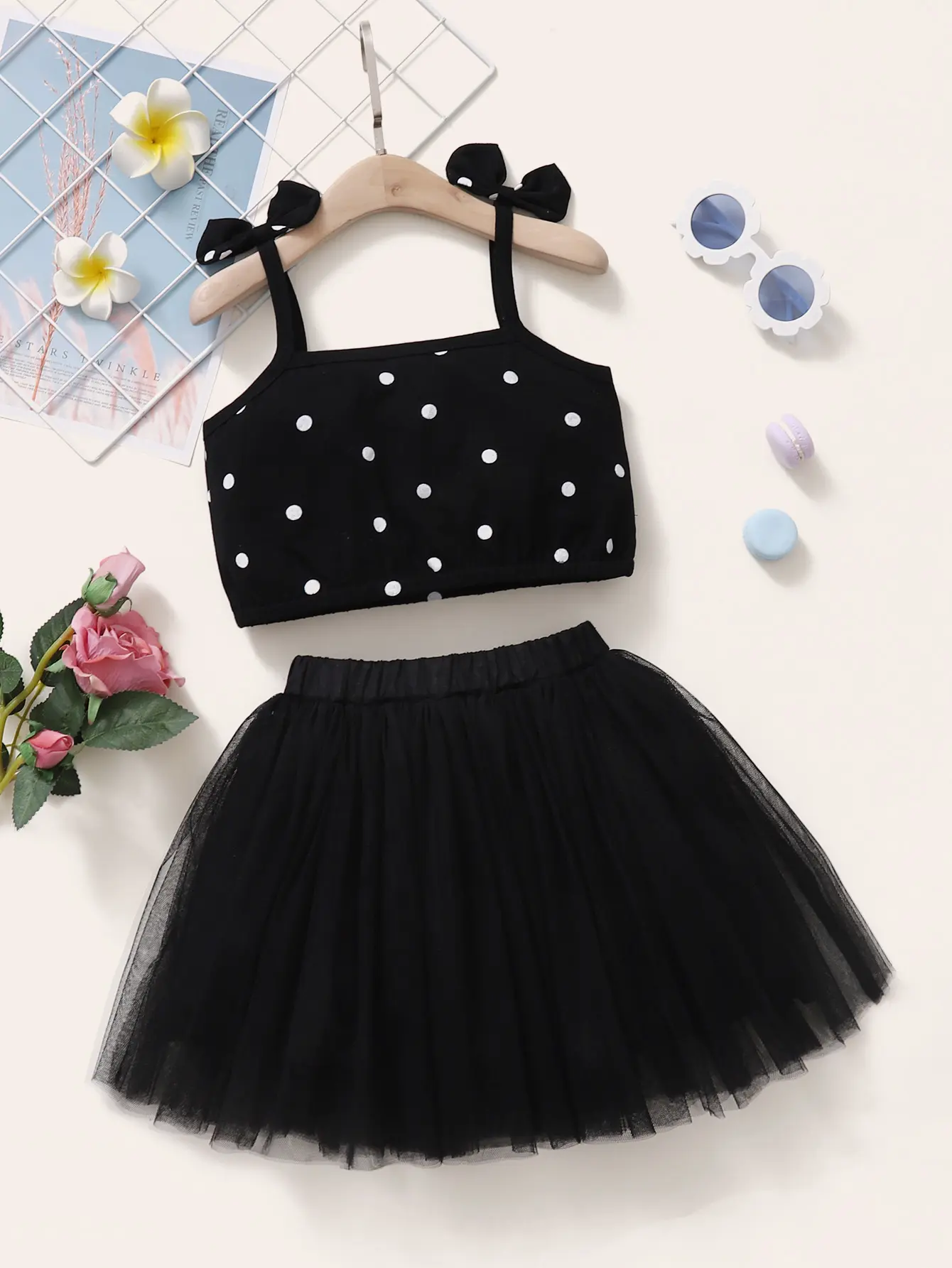 2Pcs Children Girl Set Bow Top Black Tulle Puff Skirt Fashion Set  for 1-6 Year Old Girls' Summer Birthday Party Set