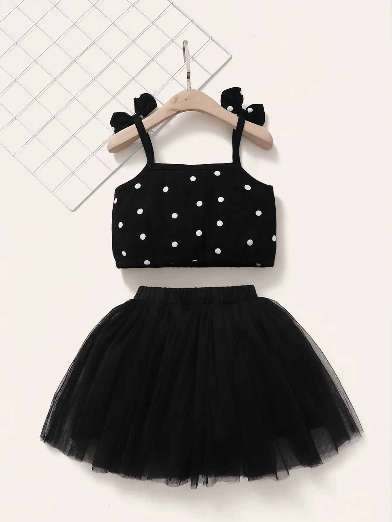 2Pcs Children Girl Set Bow Top Black Tulle Puff Skirt Fashion Set  for 1-6 Year Old Girls' Summer Birthday Party Set