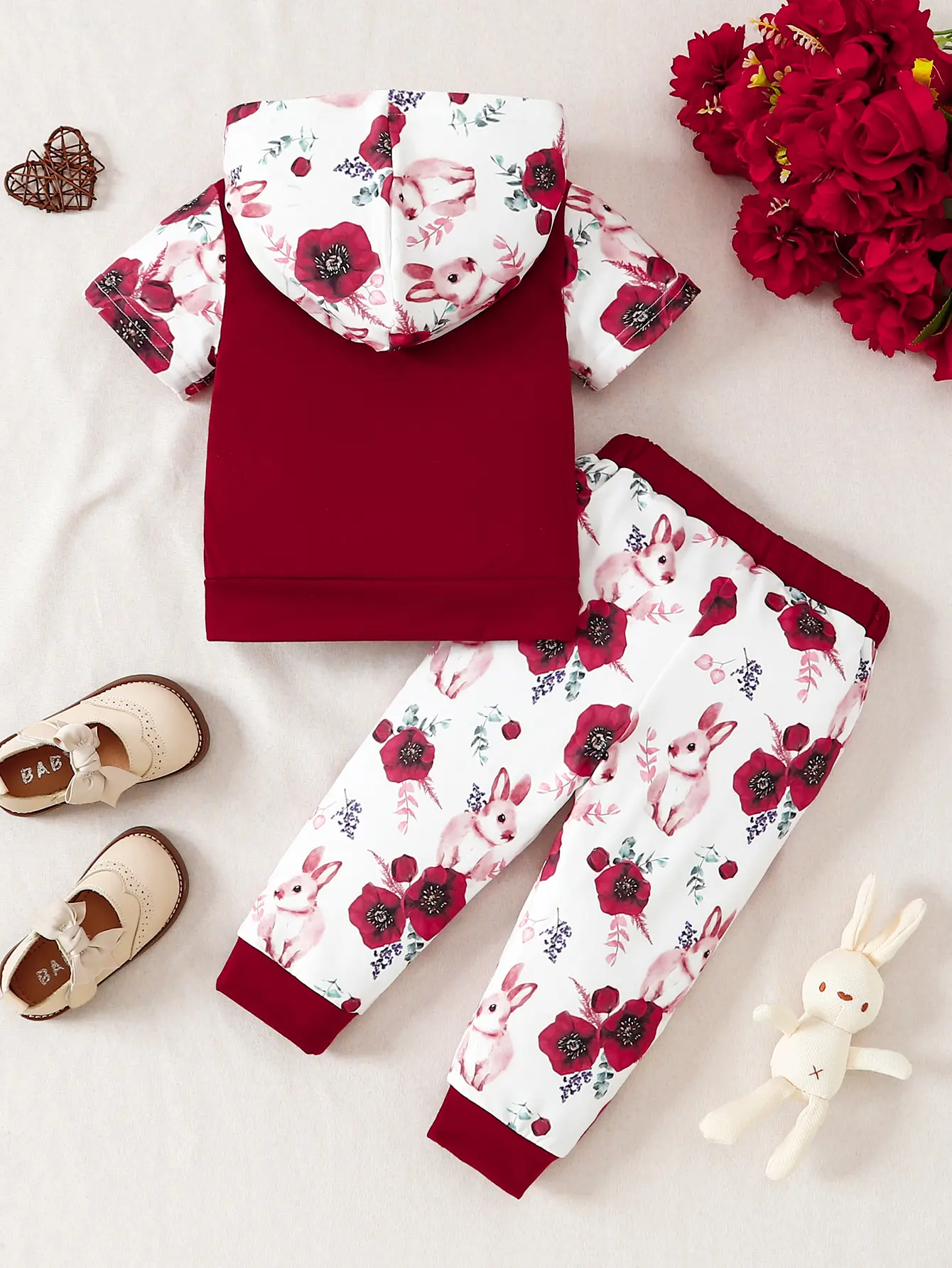 Summer Baby girl Casual Set Hoodie Color Blocked Flower Short sleeved Printed short sleeved Two-piece set for 0-3 Year old Girls