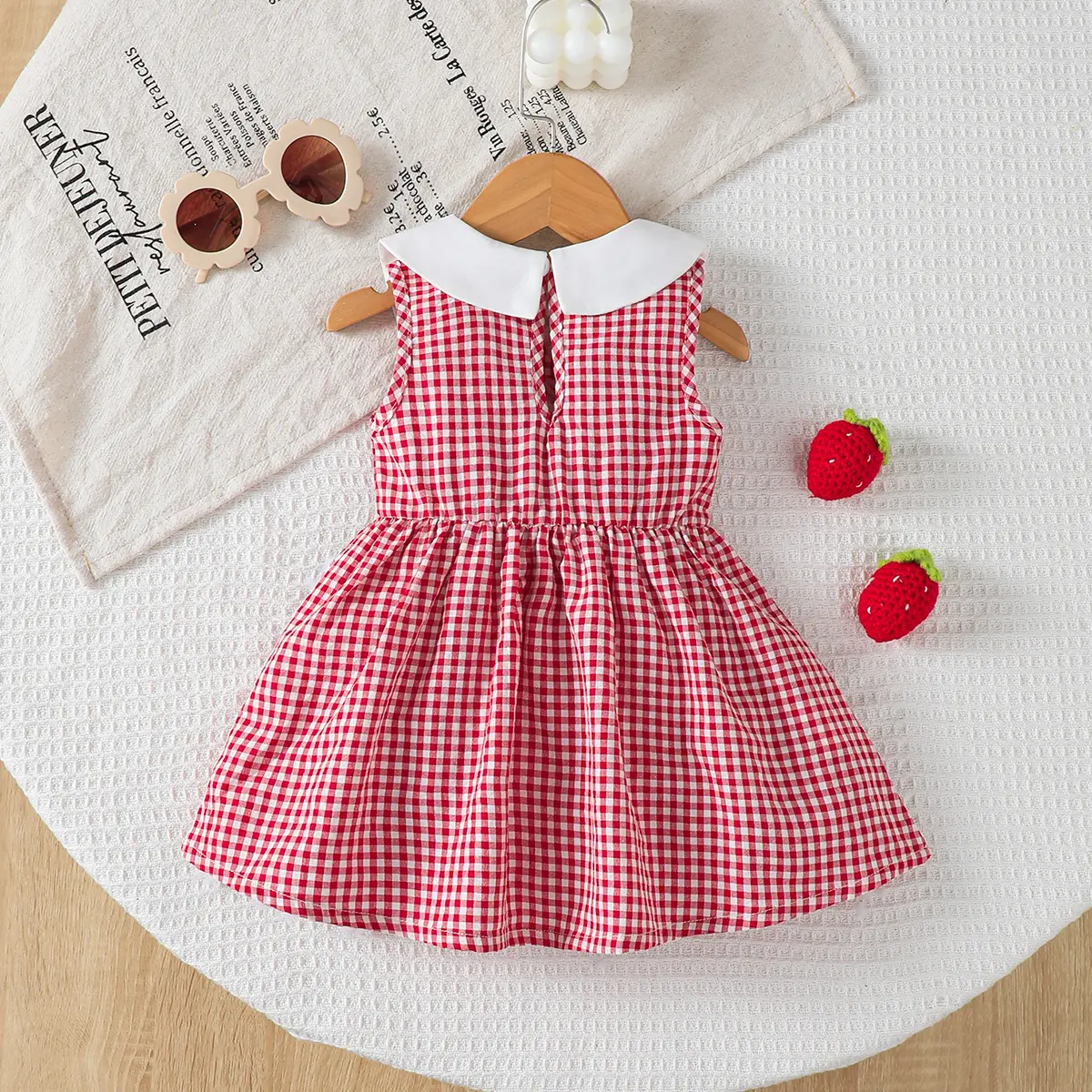 Cute Baby Girl Dress Doll Collar Strawberry Print in Red Checkered pattern Dress suitable for Babies aged 0-24 Months Baby girl