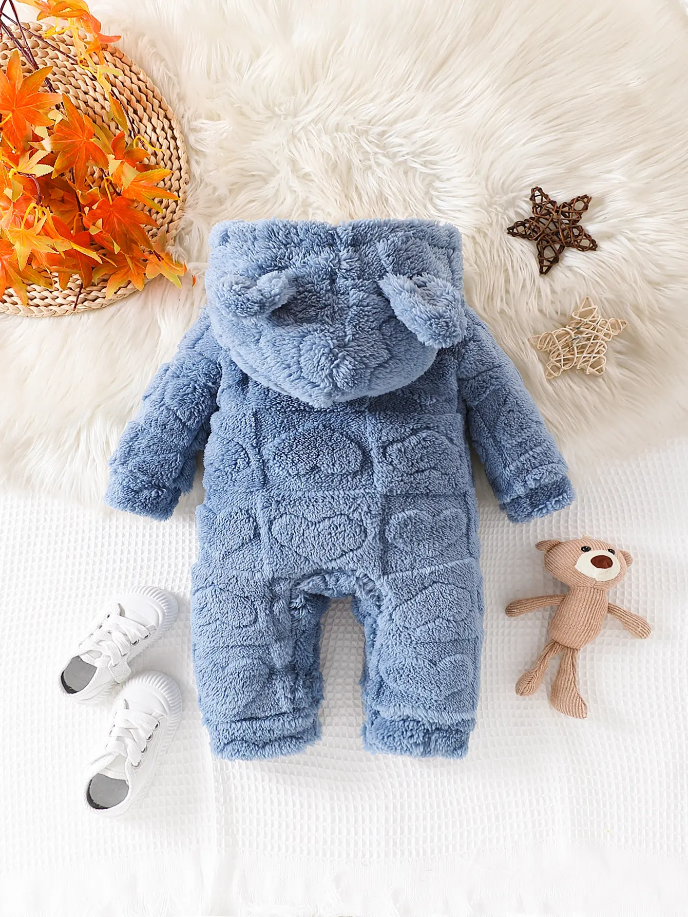 Baby Boy' Autumn Winter Plush Jumpsuit, Solid Color Hooded Warm Baby Clothing Suitable for Newborns  Baby Boy aged 0-18 Months