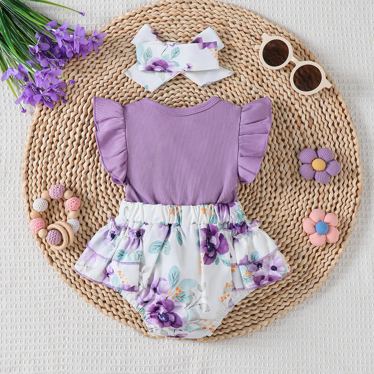 Baby girl 2-Piece Purple printed Bow Jumpsuit+Headband 0-18 Months Baby girl Summer Fashion Jumpsuit  Baby crawling suit