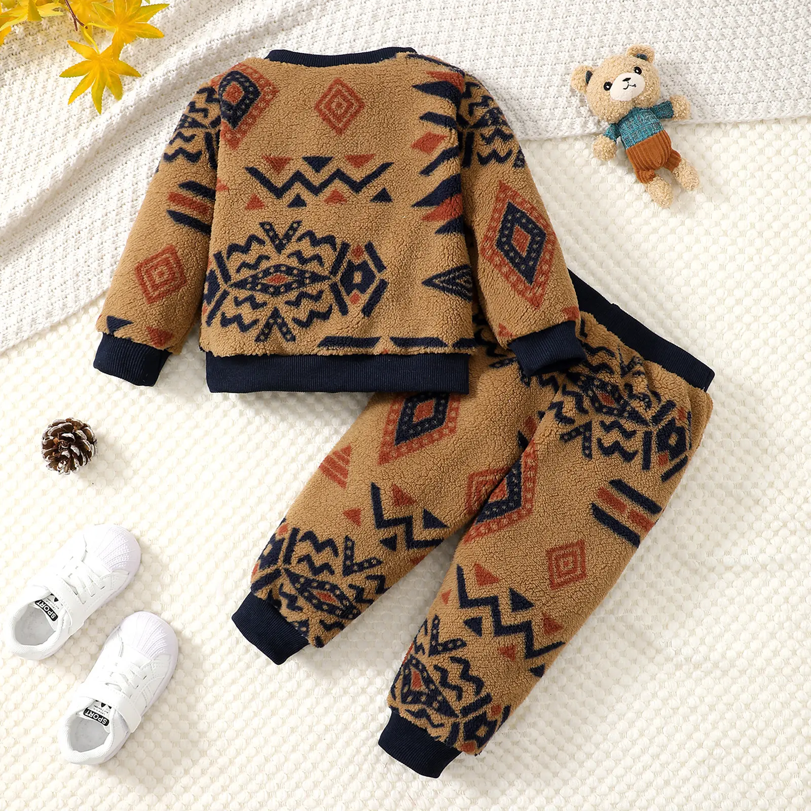 0-3 Year Baby boy Plush Set Geometric Pattern Long sleevedand Pants 2pcs/Set Toddler Baby boy Winter Cold proof keep warm set