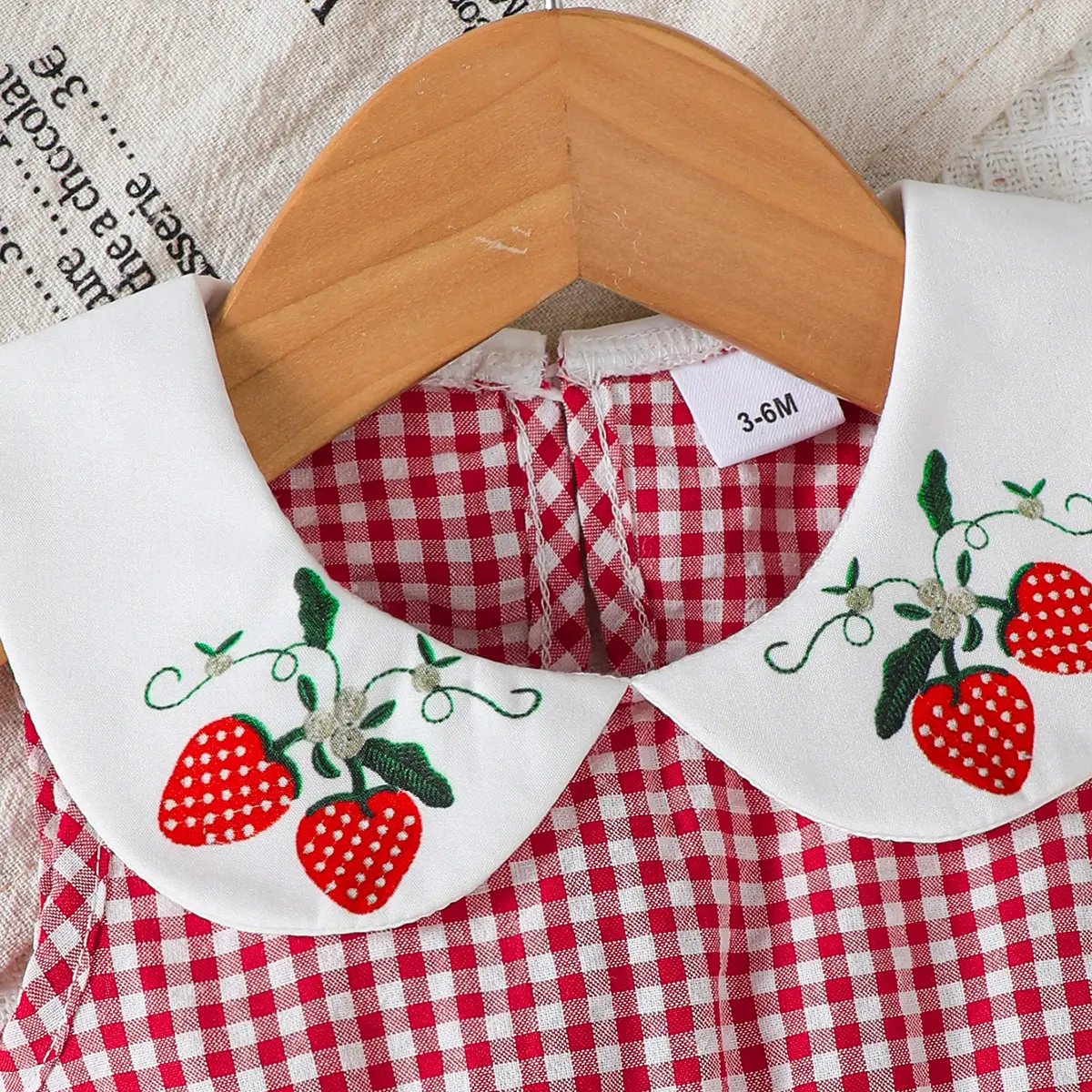 Cute Baby Girl Dress Doll Collar Strawberry Print in Red Checkered pattern Dress suitable for Babies aged 0-24 Months Baby girl