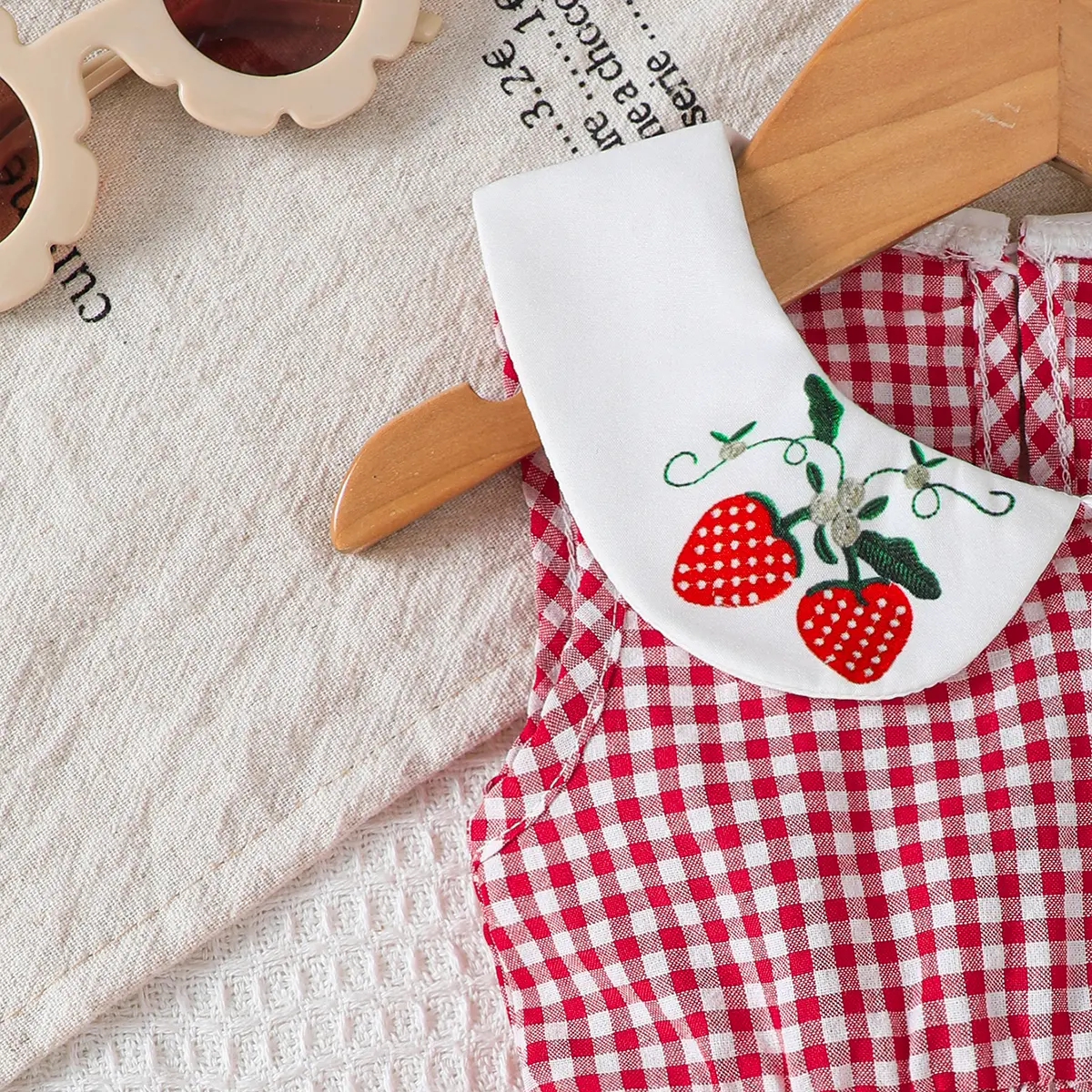 Cute Baby Girl Dress Doll Collar Strawberry Print in Red Checkered pattern Dress suitable for Babies aged 0-24 Months Baby girl